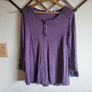 Soft Surroundings Waffle Knit Long Sleeve Shiet Embroidered Floral Purple Medium